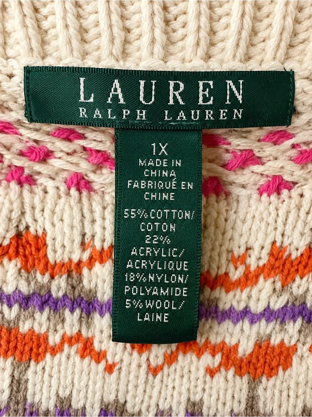 Lauren Ralph Lauren Fair Isle Sweater 1X Cream Multicolor Cotton Wool Blend